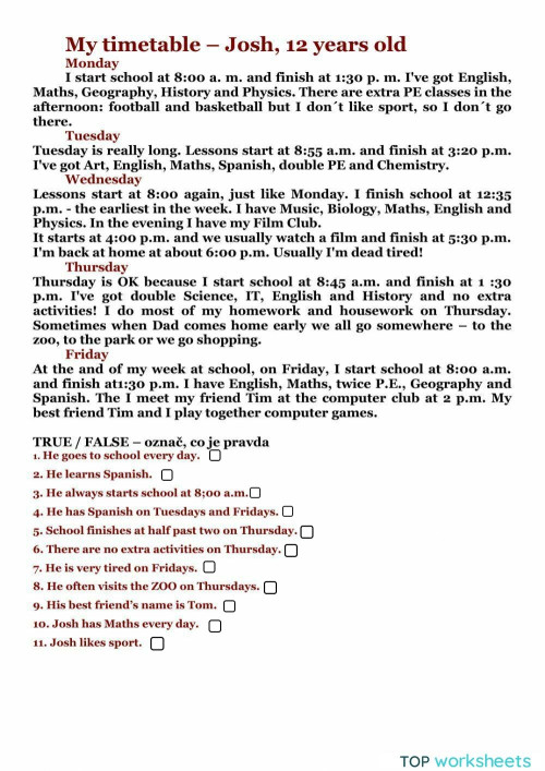 My timetable. Interactive worksheet | TopWorksheets