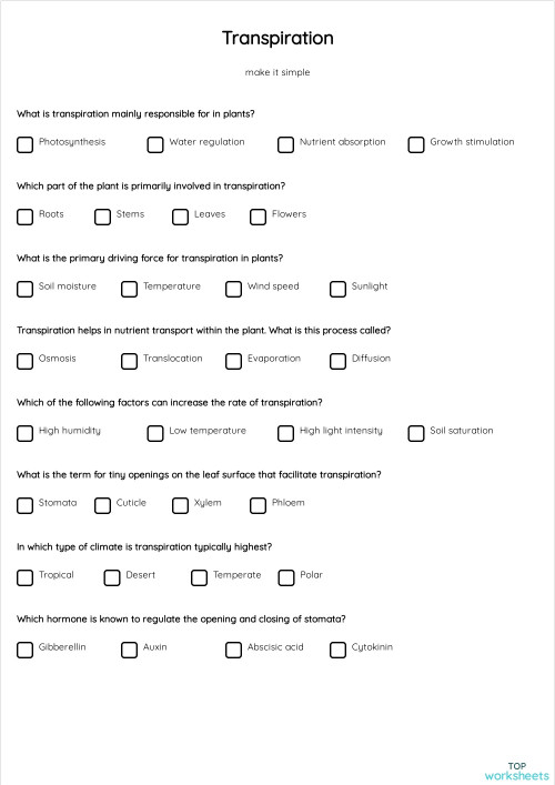 Transpiration. Interactive worksheet | TopWorksheets