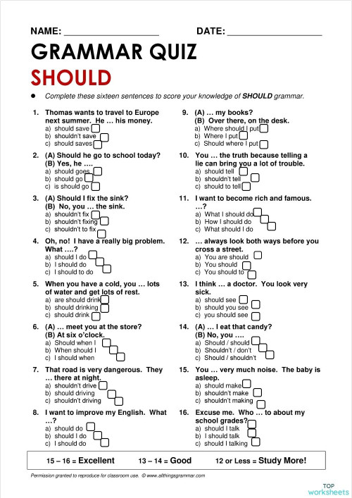 Should and shouldn #39 t quiz Interactive worksheet TopWorksheets