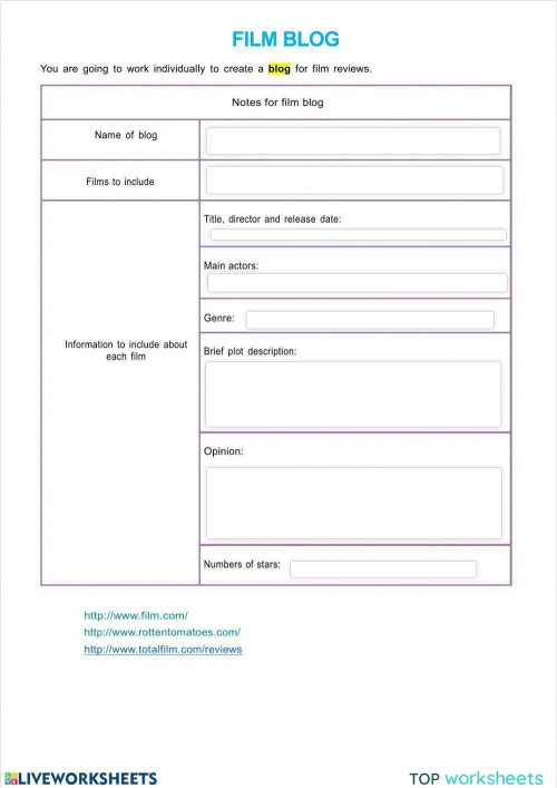 FILM BLOG. Interactive worksheet | TopWorksheets