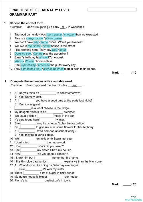 Elementary. Final Test. Interactive worksheet | TopWorksheets