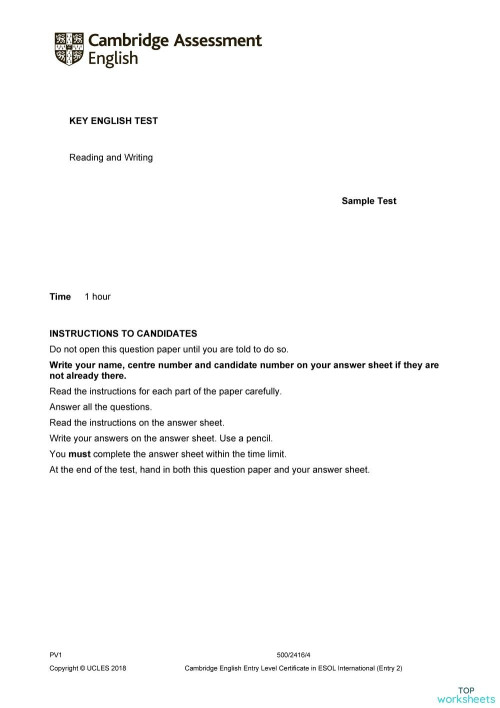 Reading Sample Test - Cambridge. Interactive worksheet | TopWorksheets