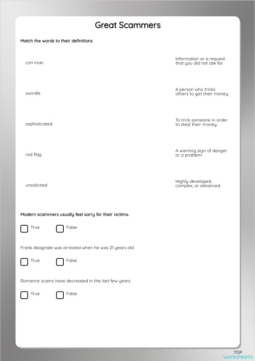 Great Scammers. Interactive worksheet | TopWorksheets