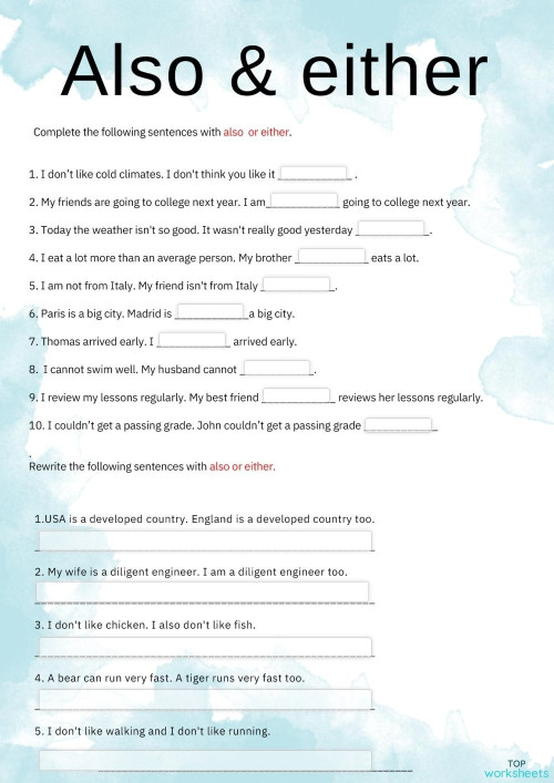 Also & either. Interactive worksheet | TopWorksheets