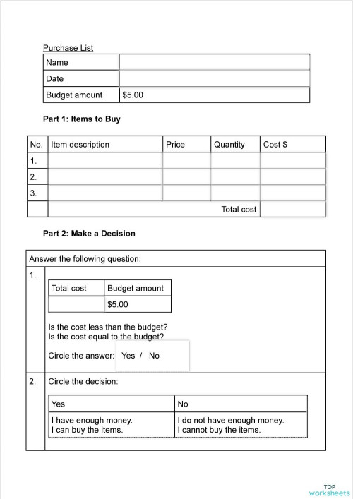 Making a Shopping List - $5.00 Budget. Interactive worksheet ...
