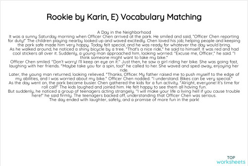 Rookie by Karin, E) Vocabulary Matching. Interactive worksheet ...