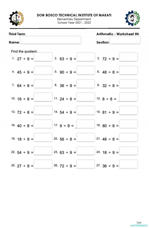 Worksheet 4: Division by 8 or 9. Interactive worksheet | TopWorksheets