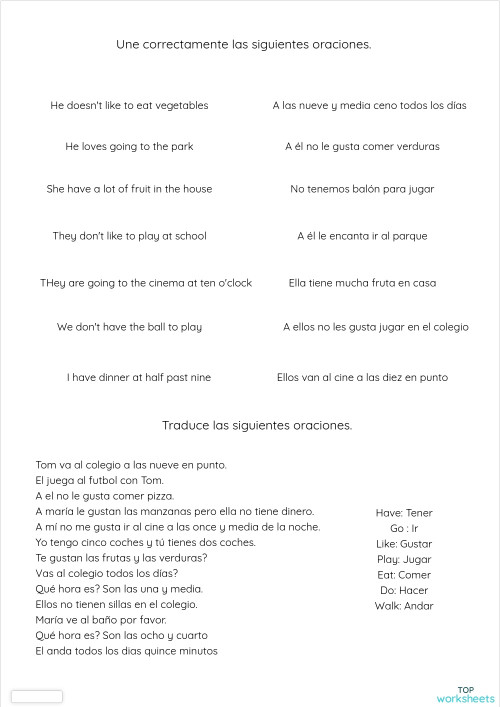 Une y Traduce. Ficha interactiva TopWorksheets