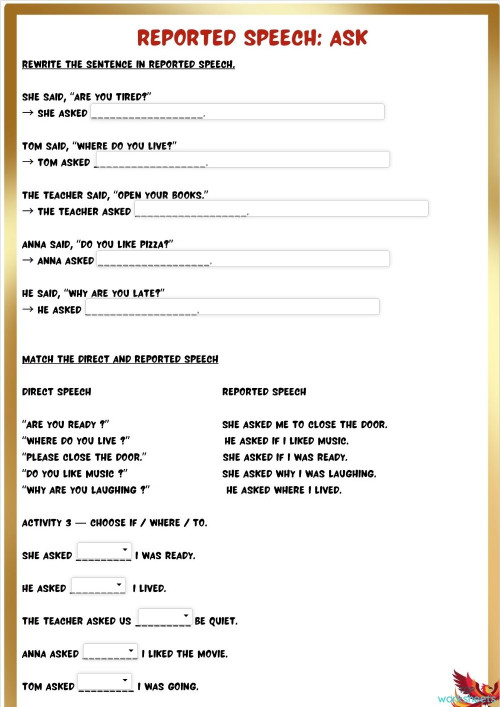 Ask: reported speech. Interactive worksheet | TopWorksheets