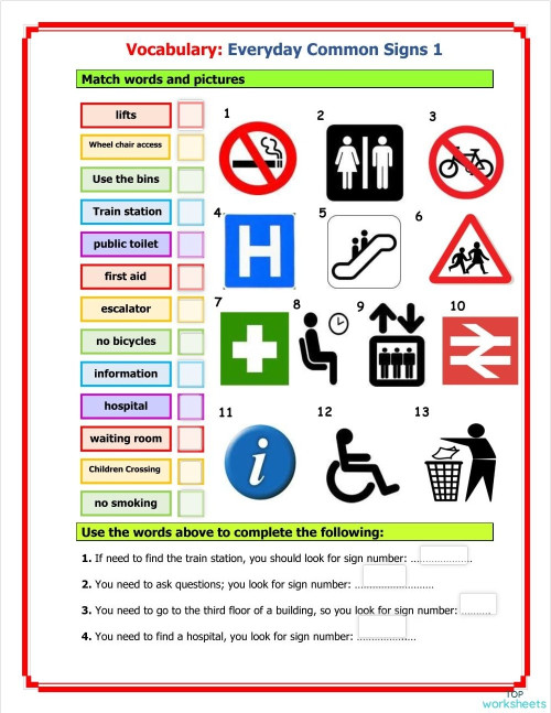 every day signs1 ใบงานเชิงโต้ตอบ | TopWorksheets