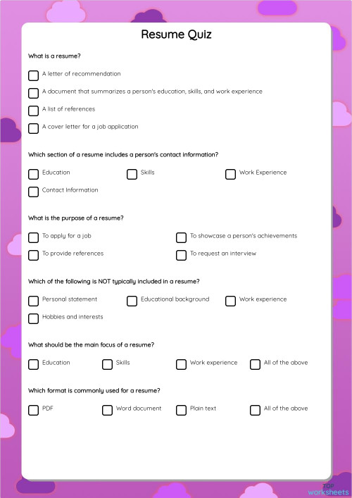 Resume Quiz ใบงานเชิงโต้ตอบ | TopWorksheets