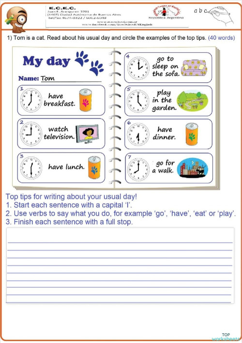 Writing: Tom´s Routine. Interactive worksheet | TopWorksheets