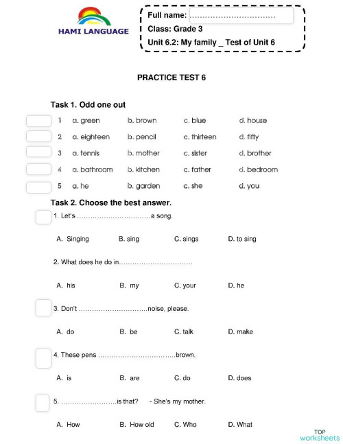 Test of Unit 6 (ESL 03). Interactive worksheet | TopWorksheets