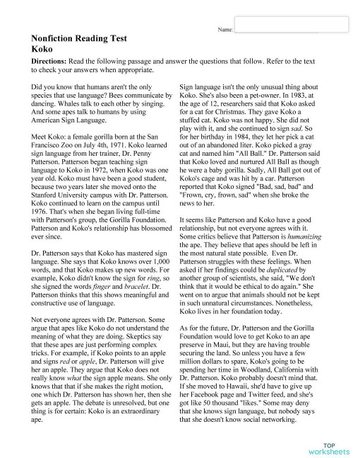 Reading comprehension Koko. Ficha interactiva | TopWorksheets