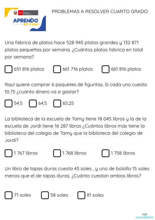 PROBLEMAS A RESOLVER CUARTO GRADO. Ficha interactiva | TopWorksheets