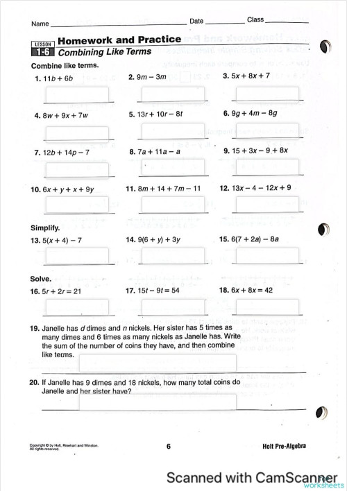 Lesson1 6 Combining Like Terms 8th Interactive Worksheet Topworksheets Lesson1 6 Combining Like Terms 8th Interactive Worksheet Topworksheets