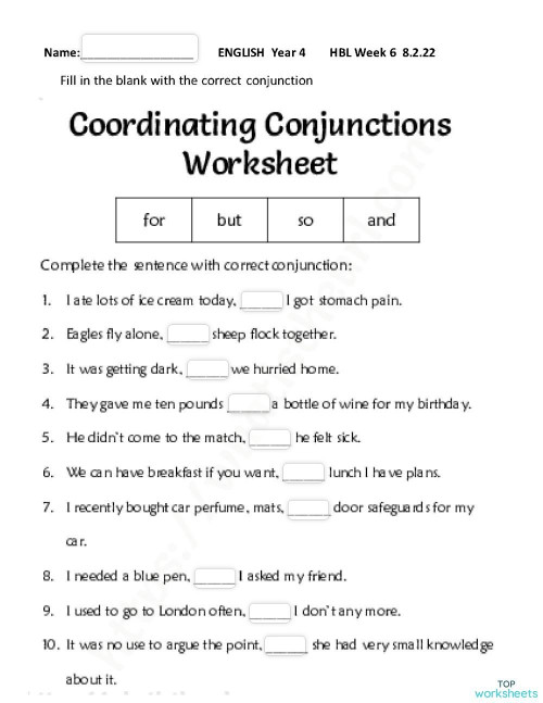 English Conjunction. Interactive worksheet | TopWorksheets
