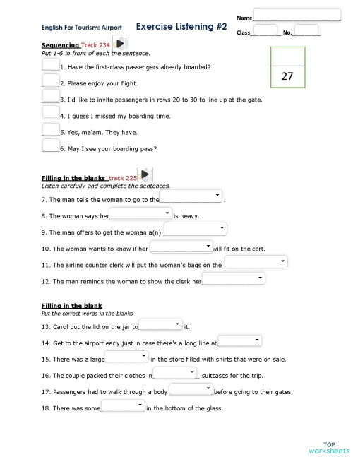 Airport Exercise listening 2 ใบงานเชิงโต้ตอบ | TopWorksheets