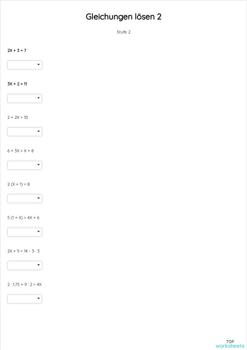 Gleichungen lösen 2. Interaktives Arbeitsblatt | TopWorksheets