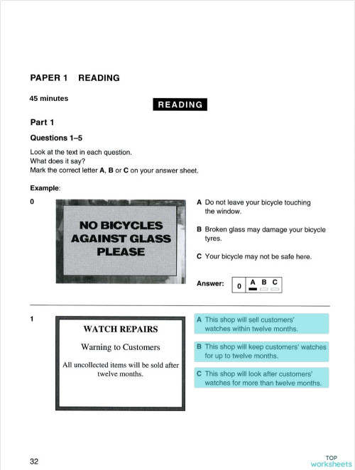 PET reading: interactive worksheets and online exercises | TopWorksheets