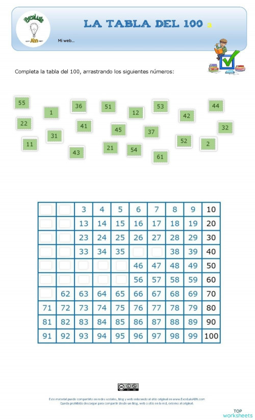 La tabla del 100 completar 03. Ficha interactiva TopWorksheets