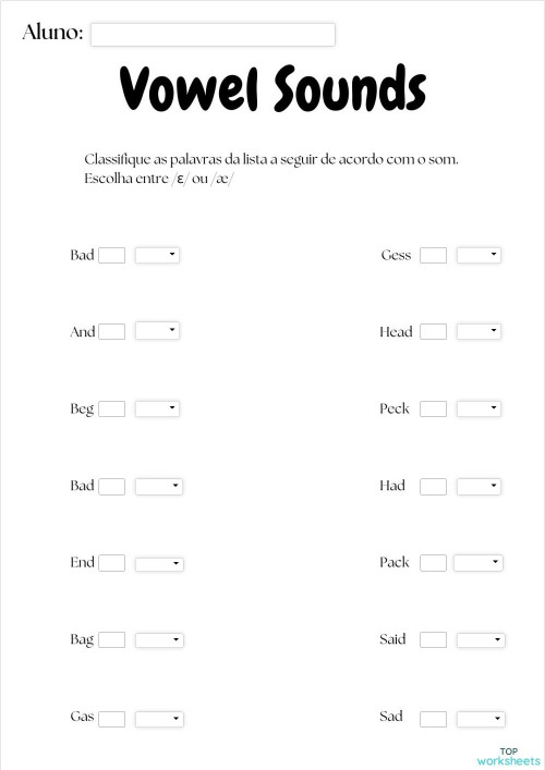 Vowel sounds /ɛ/ou /æ/. Ficha interativa | TopWorksheets