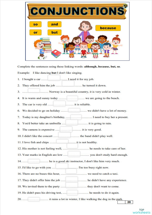 Linking Words - although, because, but, so. Interactive worksheet ...