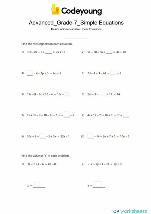 Basics of One-Variable Linear Equations Advanced. Interactive worksheet ...