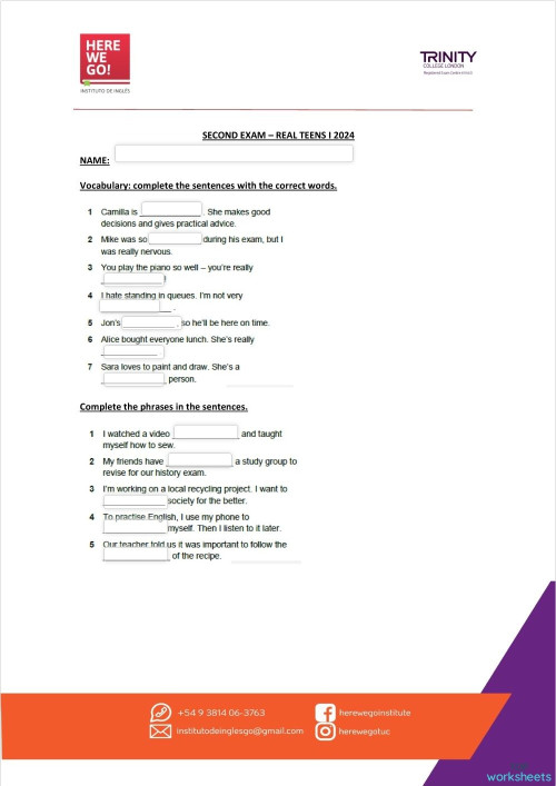 SECOND EXAM REAL TEENS I TT 2024. Interactive worksheet | TopWorksheets