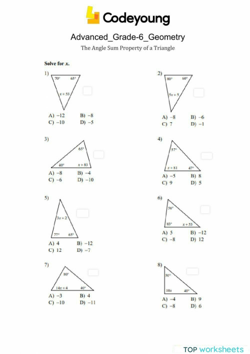 The Angle Sum Property Of A Triangle Advanced Interactive Worksheet Topworksheets 4973