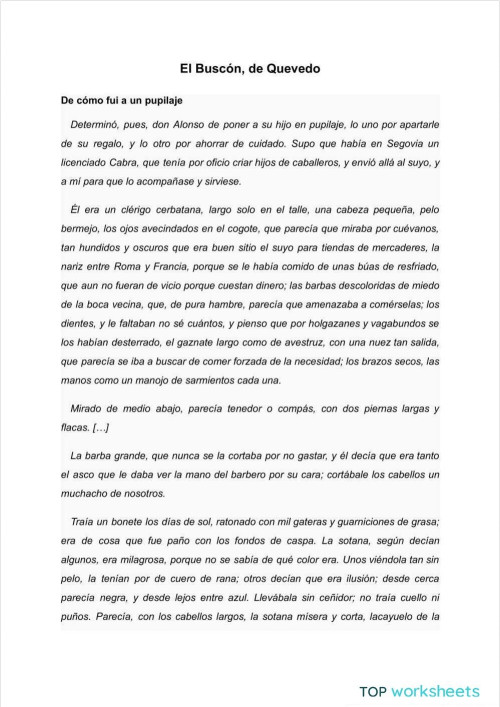 El Buscón, de Quevedo. Ficha interactiva | TopWorksheets