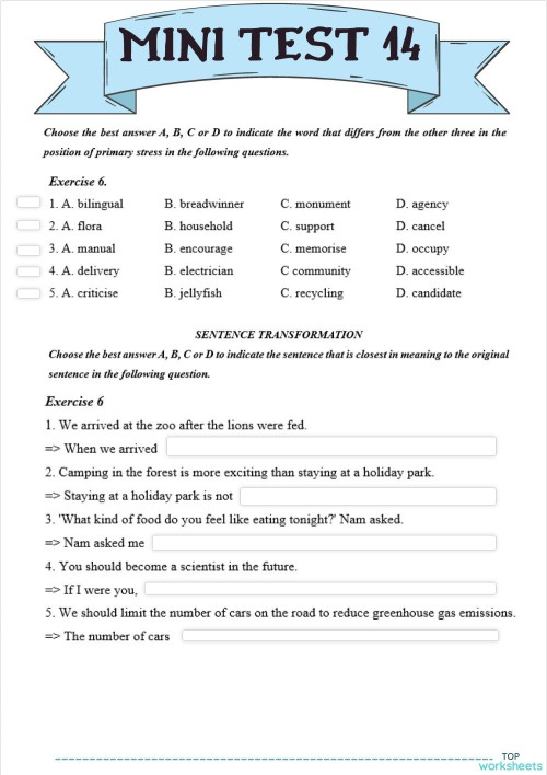 MINI TEST 14. Interactive worksheet | TopWorksheets