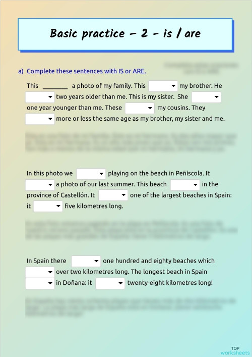 Basic practice 2 - is / are. Interactive worksheet | TopWorksheets