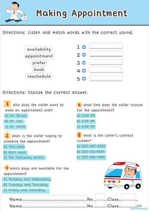Making Appointment ใบงานเชิงโต้ตอบ | TopWorksheets