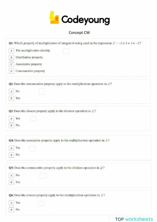 Properties of Multiplication and Division Concept CW. Interactive