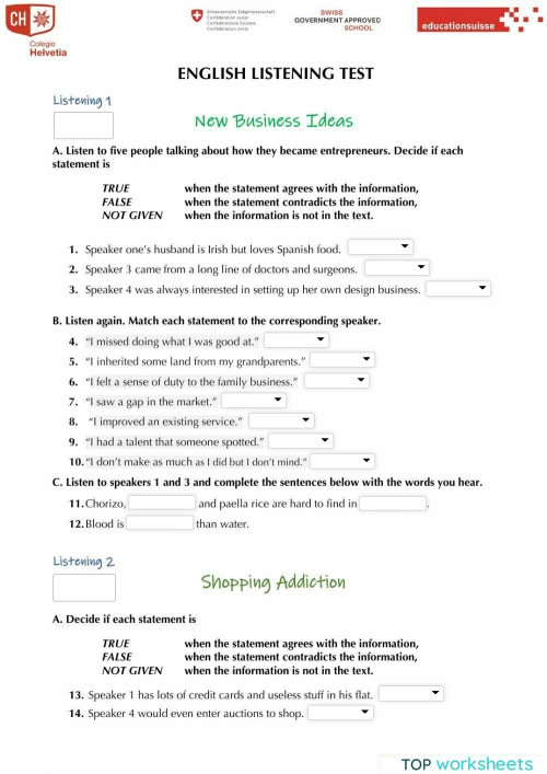 Listening Ex. Test (Upperintermediate). Interactive worksheet