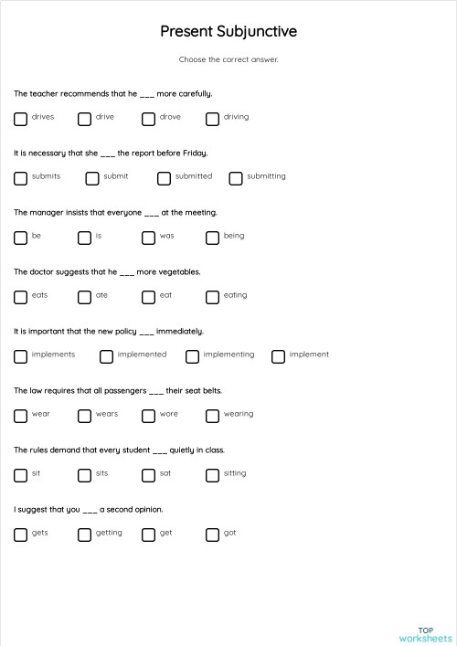 Present Subjunctive ใบงานเชิงโต้ตอบ | TopWorksheets