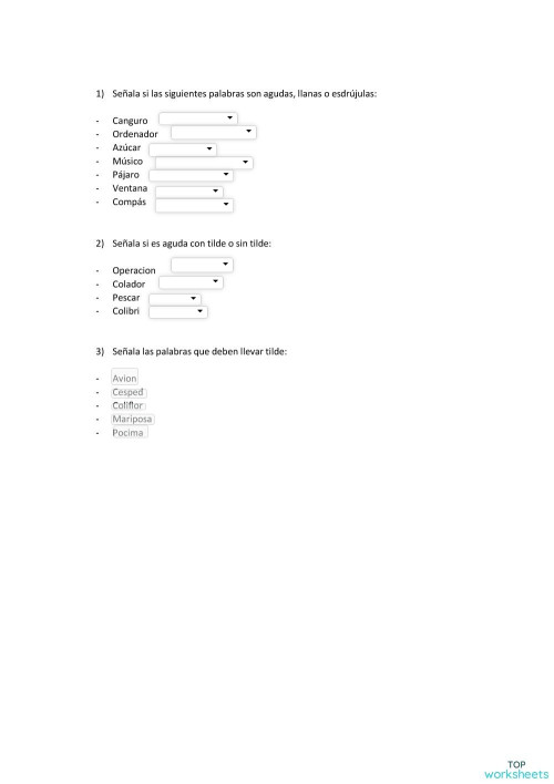 Las Palabras Graves o LLanas.. Ficha interactiva | TopWorksheets
