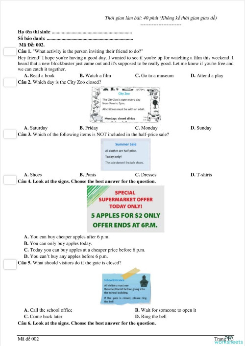 TEST 03 - SIGNS. Interactive worksheet | TopWorksheets