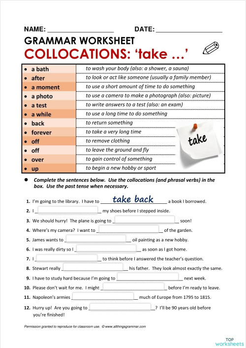Collocations - Phrasal verbs : take ใบงานเชิงโต้ตอบ | TopWorksheets