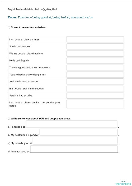 Grammar - Good at and Bad at. Interactive worksheet | TopWorksheets
