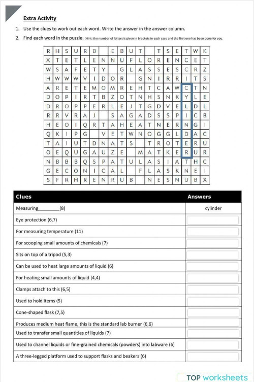 Crossword on lab equipment. Interactive worksheet TopWorksheets