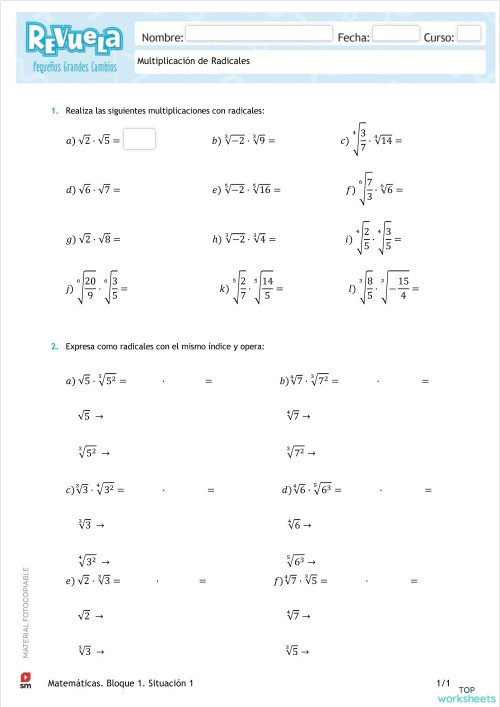 Radicales: fichas interactivas y ejercicios online | TopWorksheets