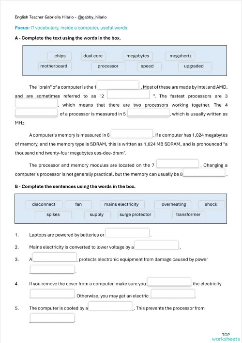 Vocabulary 1.11 - Inside a computer. Interactive worksheet | TopWorksheets