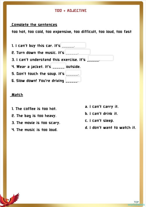 too + adjectives. Interactive worksheet | TopWorksheets