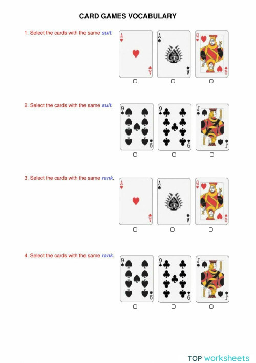 Card game vocabulary. Interactive worksheet TopWorksheets