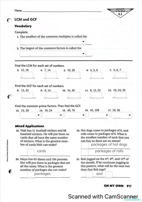 Lesson 4.3 LCM and GCF (6th) (Copied). Interactive worksheet ...
