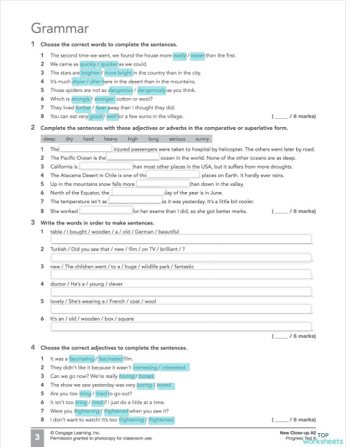 Close-up A2 Progress Test 6 Grammar. Interactive worksheet | TopWorksheets