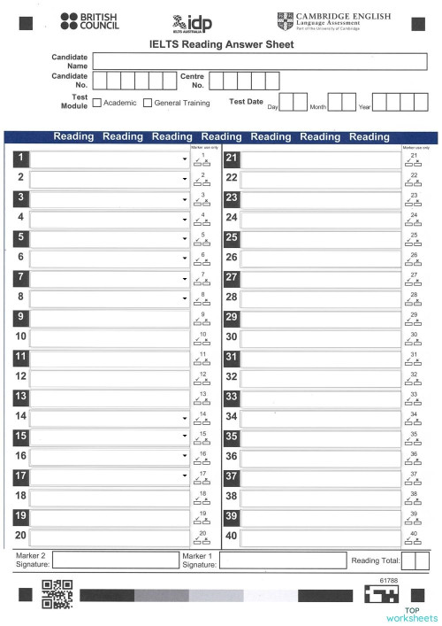 Reading Answer Sheet. Interactive worksheet | TopWorksheets