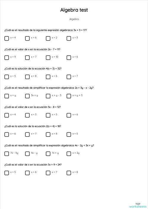 Algebra test. Ficha interactiva | TopWorksheets